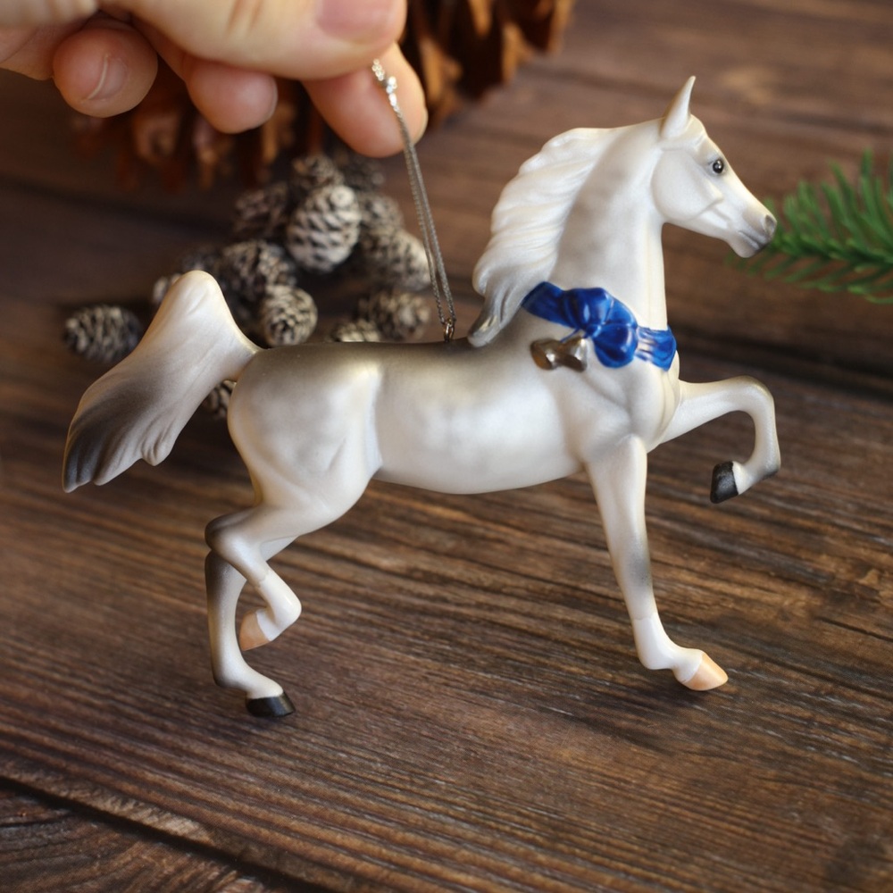 Porcelain White Horse Ornament with Blue ribbon